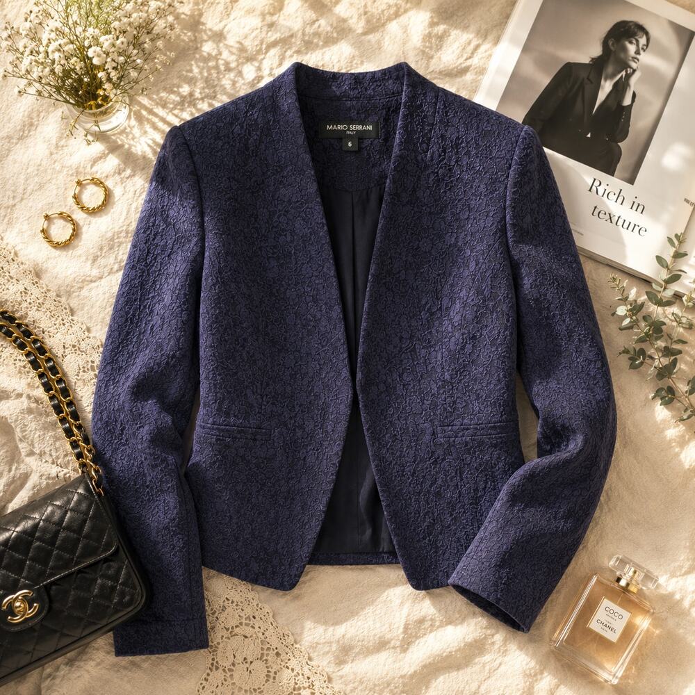 Mario Serrani Italy Deep Navy Floral Textured Cropped Jacket Pockets SZ 6